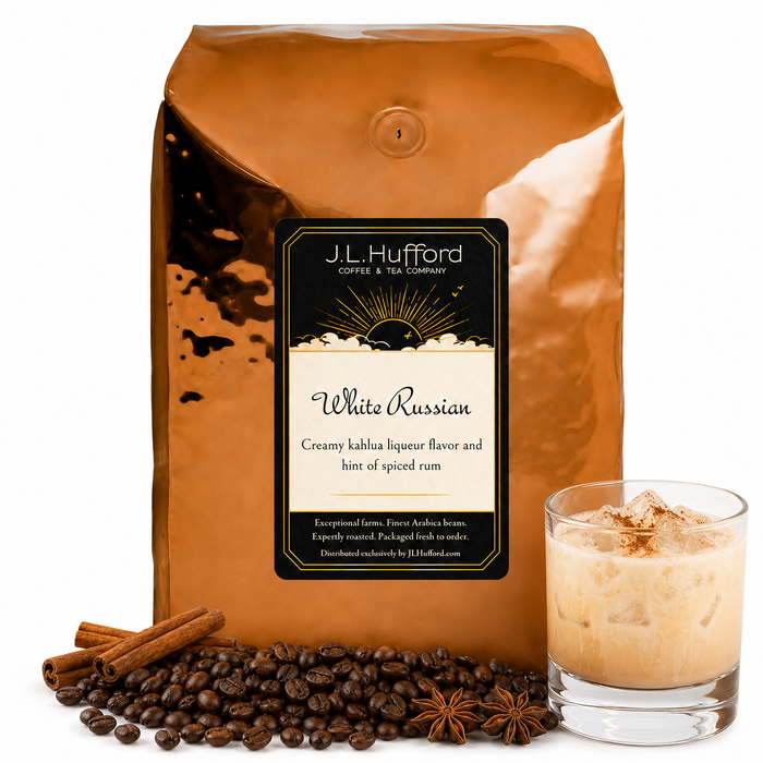 5 lb J.L. Hufford White Russian coffee bag with coffee beans, spices, and white Russian in a glass on a white background