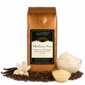 1 lb J.L. Hufford White Russian Mousse coffee bag with coffee beans, vanilla, custard, and white Russian mousse on a white background