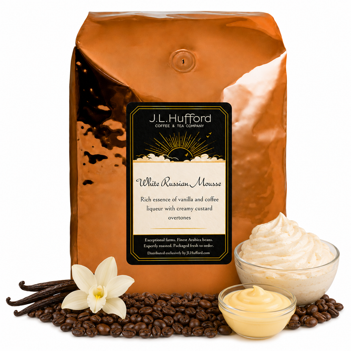 5 lb J.L. Hufford White Russian Mousse coffee bag with coffee beans, vanilla, custard, and white Russian mousse on a white background