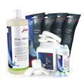 Jura coffee machine cleaning products including a bottle, packets, and filters on a white background.