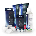 Jura coffee machine cleaning products including filters, tablets, and a bottle on a white background