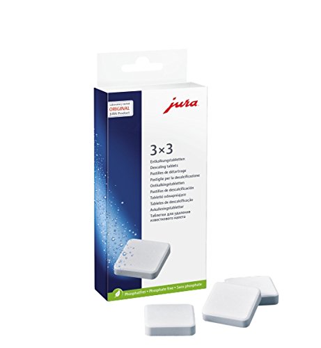 Jura descaling tablets packaging with two tablets on a white background