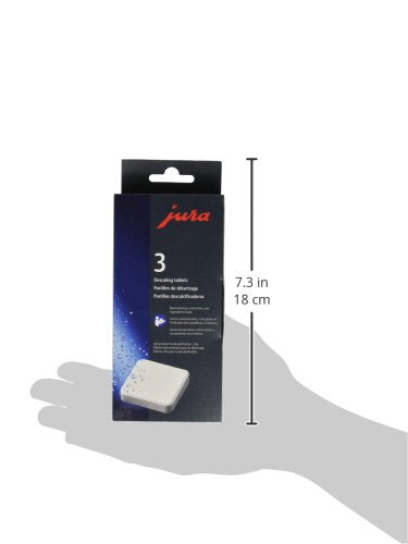 3 x 3 Jura descaling tablet package with a grayed out hand holding package with dimension displayed on a white background