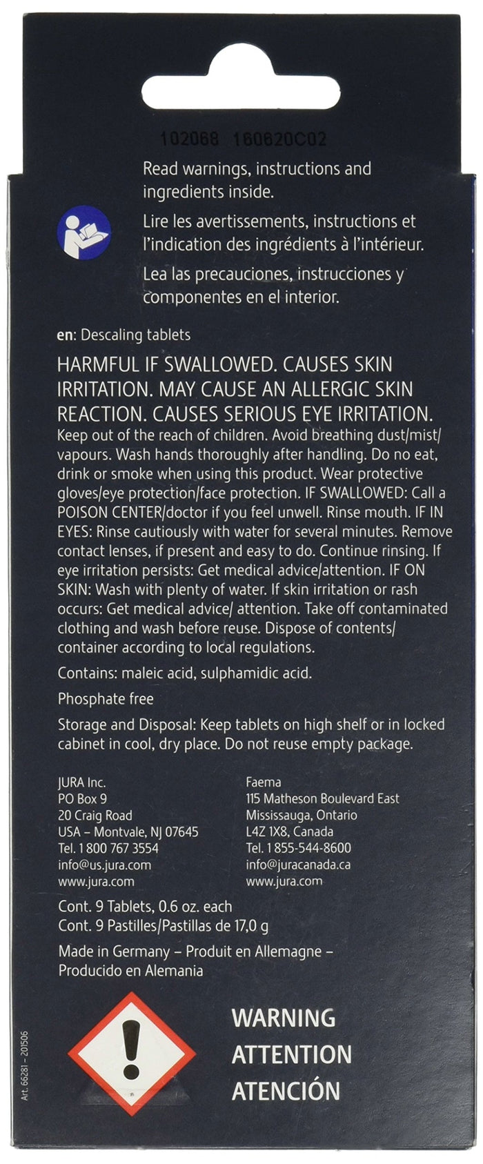 Back of jura descaling tablet packaging with warning and storage instructions