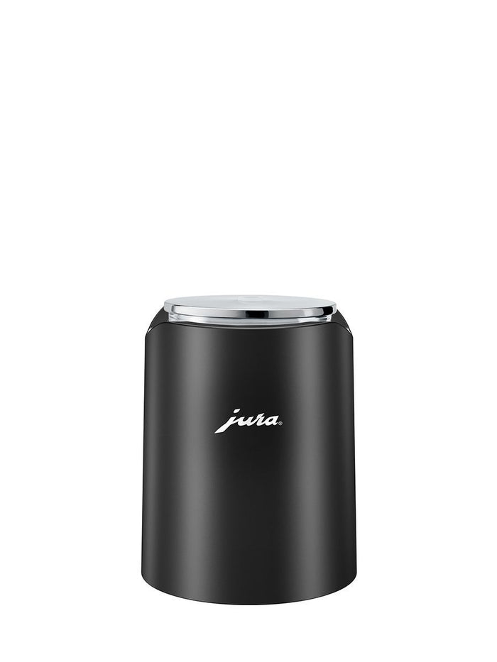 Front view of black Jura Glacette with silver top displayed on a white background