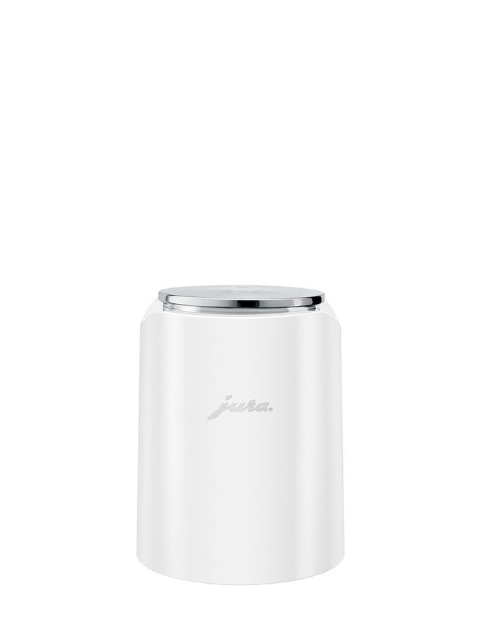Front view of white Jura Glacette with silver top displayed on a white background