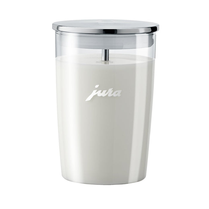 Front view of .5 liter Jura Glass Milk Container filled with milk displayed on a white background