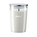 Front view of .5 liter Jura Glass Milk Container filled with milk displayed on a white background