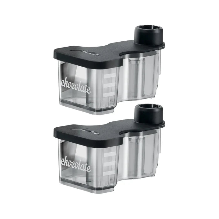 Two clear Chocolate attachments with black tops and the word 'chocolate' printed in white on the side, shown on a plain white background.