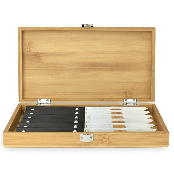 KAI 6 Piece Steak Knife Set inside a Bamboo Box displayed on a white background