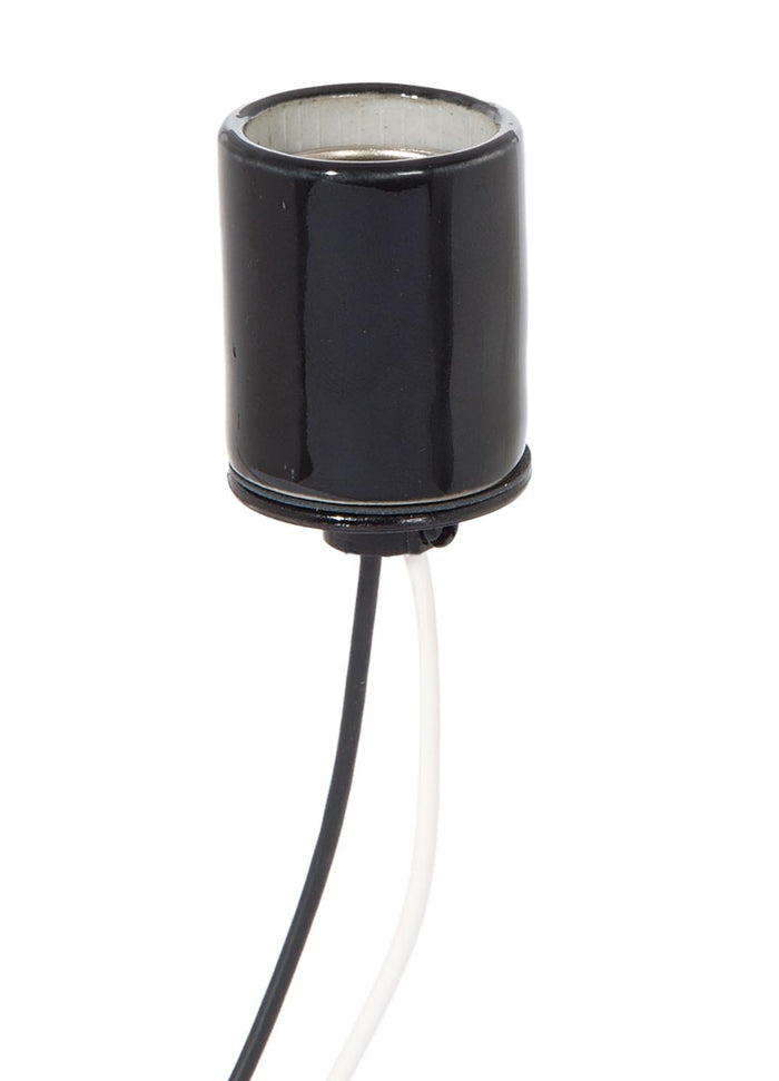 Keyless Glazed Black Porcelain E-26 Socket, Bottom 1/8 IPS Metal Cap And Wire Leads