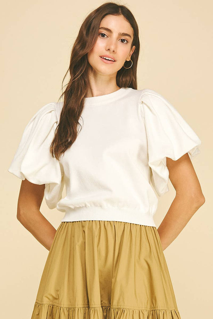 Knit crew neck puff sleeve top -2 colors available
