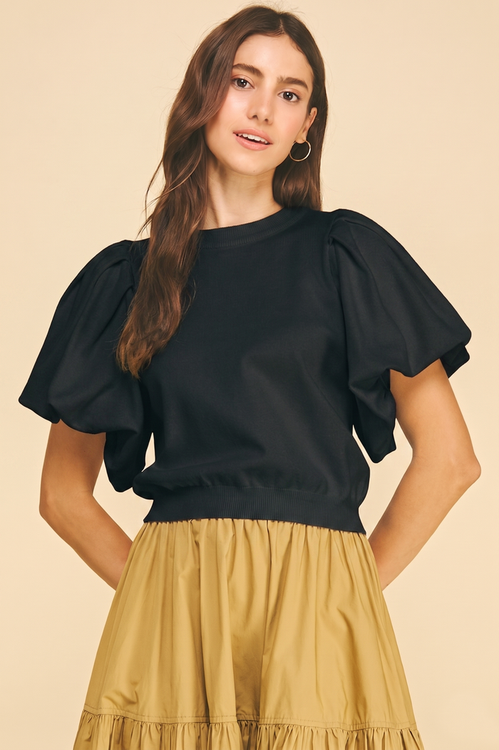Knit crew neck puff sleeve top -2 colors available