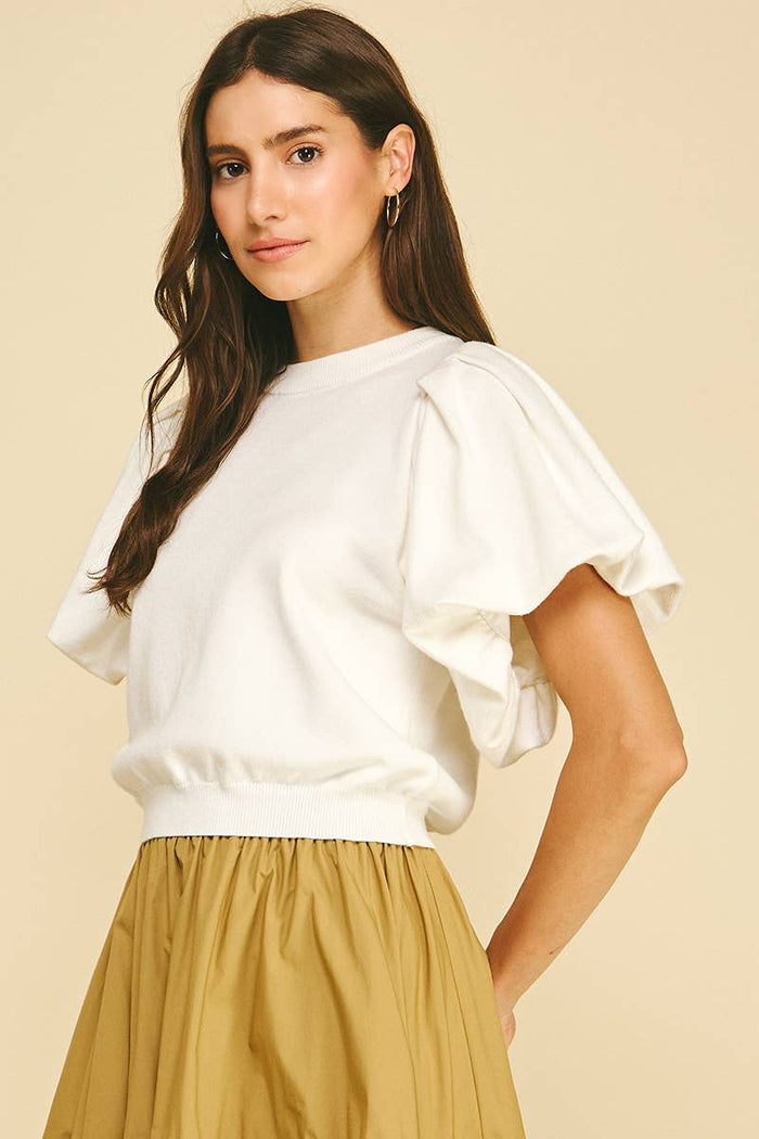 Knit crew neck puff sleeve top -2 colors available