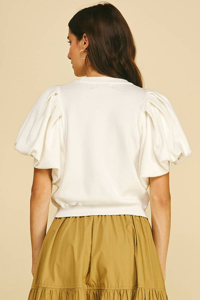 Knit crew neck puff sleeve top -2 colors available