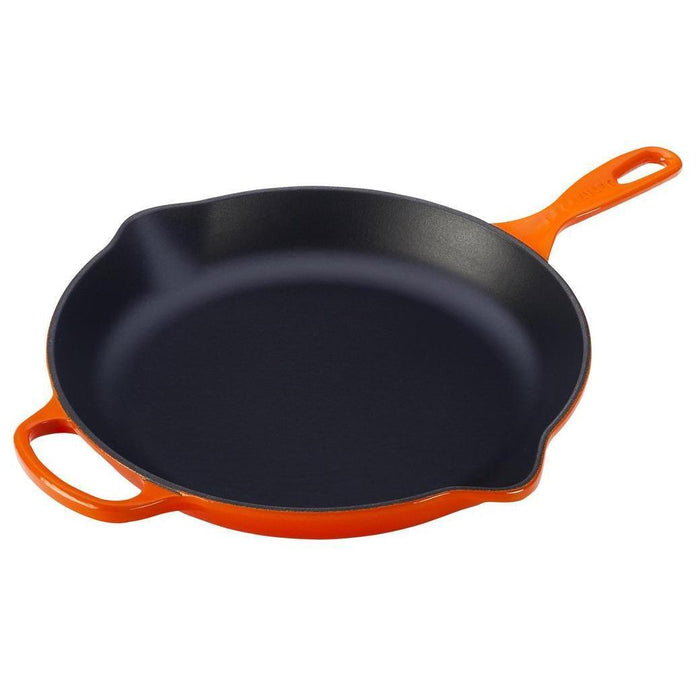 Flame Le Creuset 11.75″ Enameled Cast Iron Signature Round Skillet with Handle displayed on a white background