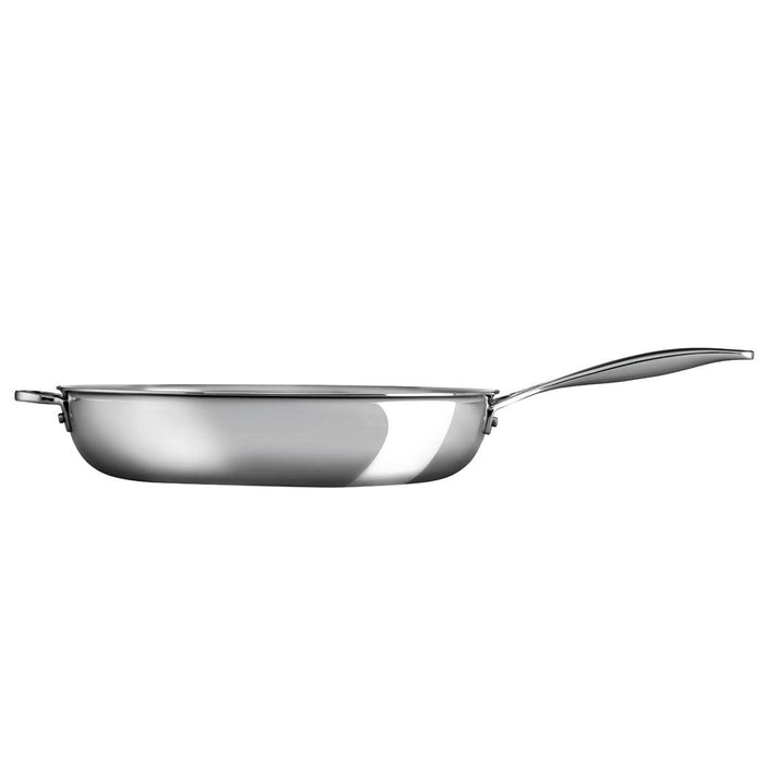 Side view of Le Creuset 12.5" Deep Fry Pan with Helper Handle displayed horizontally on a white background