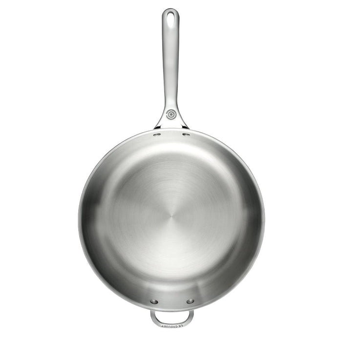 Top view of Le Creuset 12.5" Deep Fry Pan with Helper Handle displayed vertically on a white background