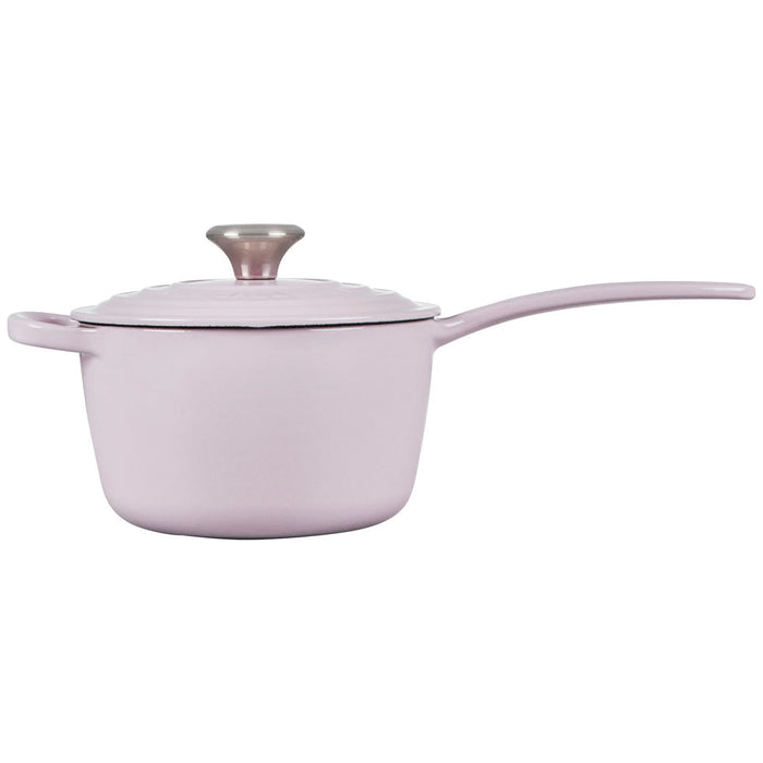 Side view of Shallot Le Creuset 1.75 qt signature saucepan with lid displayed on a white background