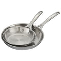 Le Creuset 2 Piece Set (8″ Fry Pan & 10″ Fry Pan) stacked on each other displayed on a white background