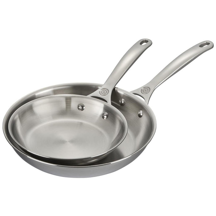 Le Creuset 2 Piece Set (8″ Fry Pan & 10″ Fry Pan) stacked on each other displayed on a white background