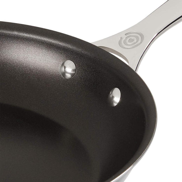 Close up of hilt of Le Creuset Nonstick Fry Pan displayed on a white background