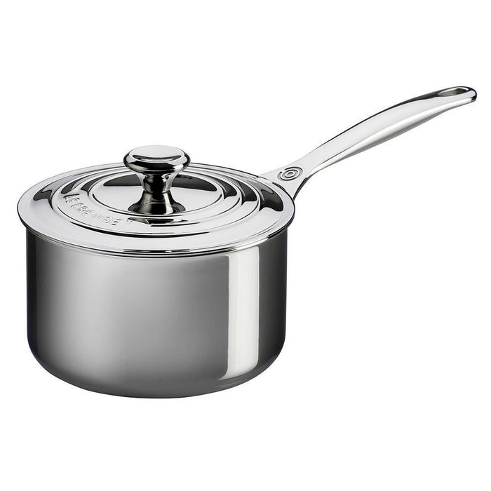 Le Creuset 2 Qt. Stainless Steel Saucepan with Lid displayed on a white background