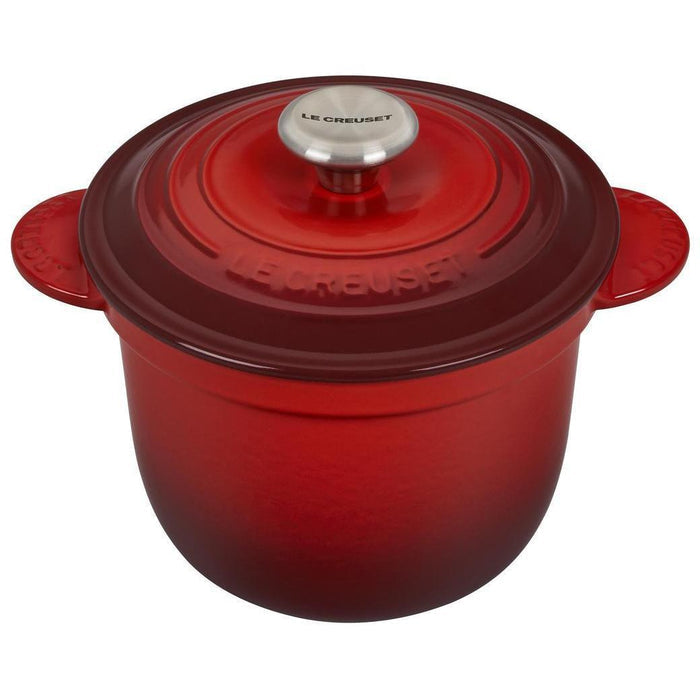 Cerise Le Creuset 2.25 qt Rice Pot with Stoneware Insert displayed on a white background