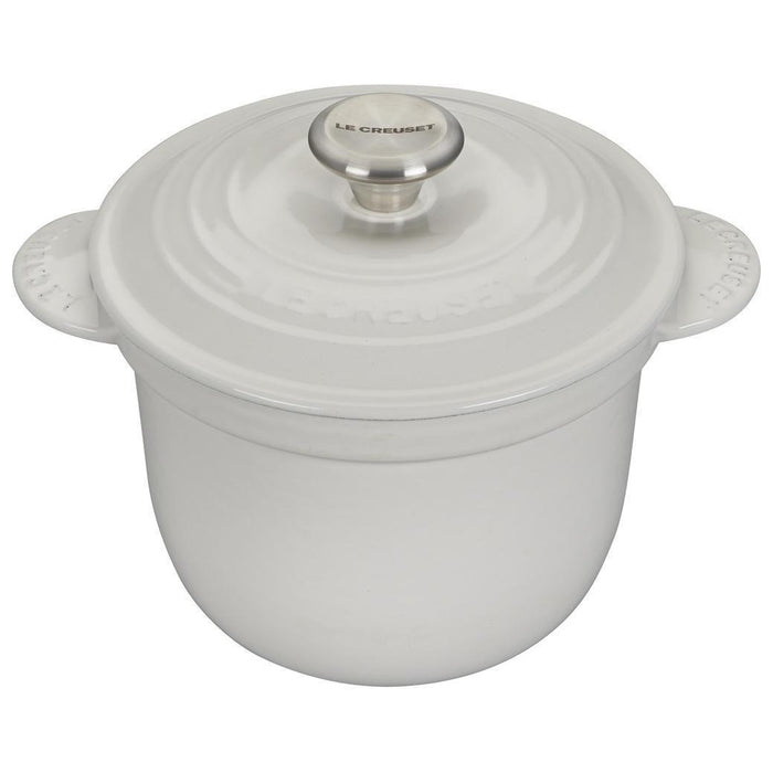 White Le Creuset 2.25 qt Rice Pot with Stoneware Insert displayed on a white background