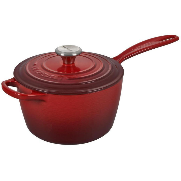 Cerise Le Creuset 2.25 Qt. Signature Saucepan with lid displayed on a white background