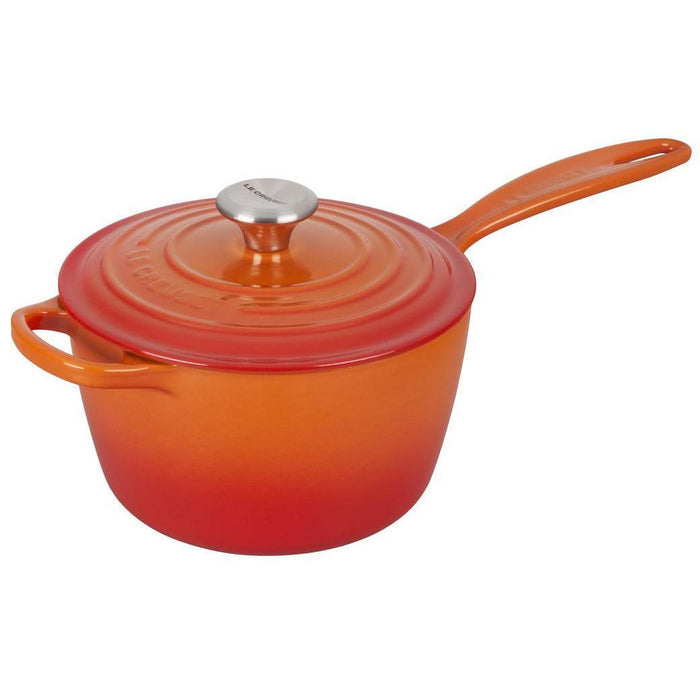 Flame Le Creuset 2.25 Qt. Signature Saucepan with lid displayed on a white background