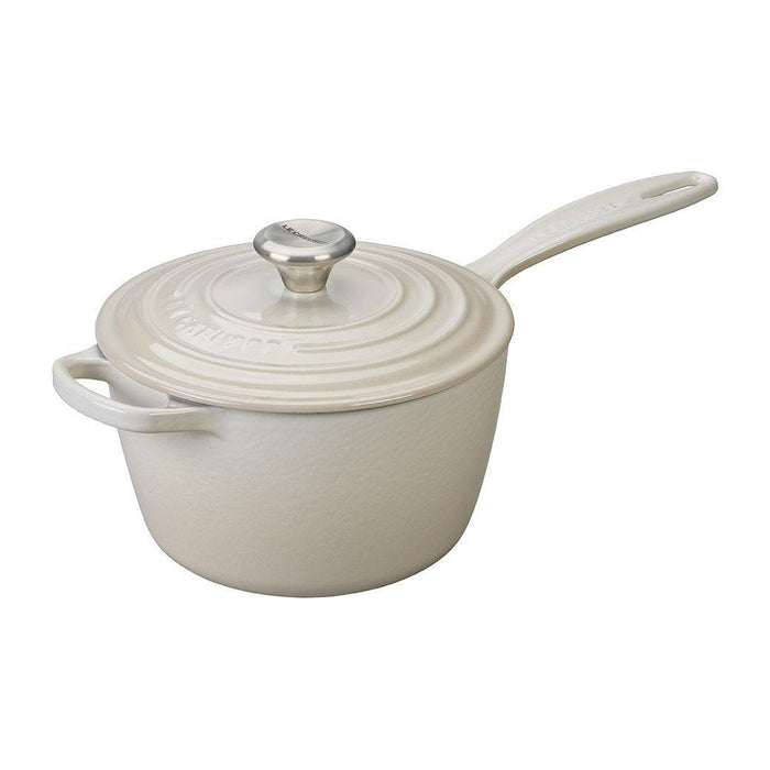 Meringue Le Creuset 2.25 Qt. Signature Saucepan with lid displayed on a white background