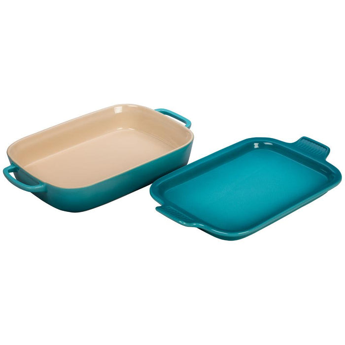 Caribbean Le Creuset 2.75 Qt Rectangular Dish with Platter Lid on the side displayed on a white background