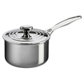 Le Creuset 3 Qt. Stainless Steel Saucepan with Lid displayed from the side view on a white background