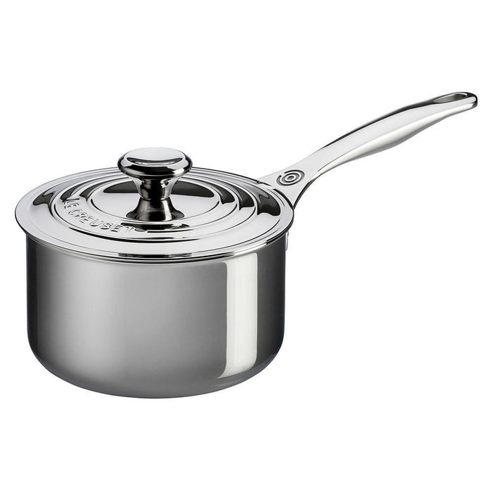 Le Creuset 3 Qt. Stainless Steel Saucepan with Lid displayed from the side view on a white background