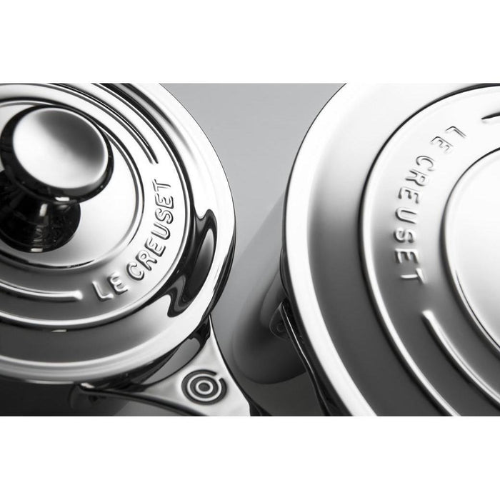 Close up of the stainless steel sauce pan and stock pot from Le Creuset