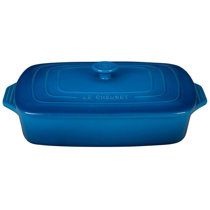 Blue Le Creuset 3.5 qt. Covered Rectangular Casserole displayed on a white background