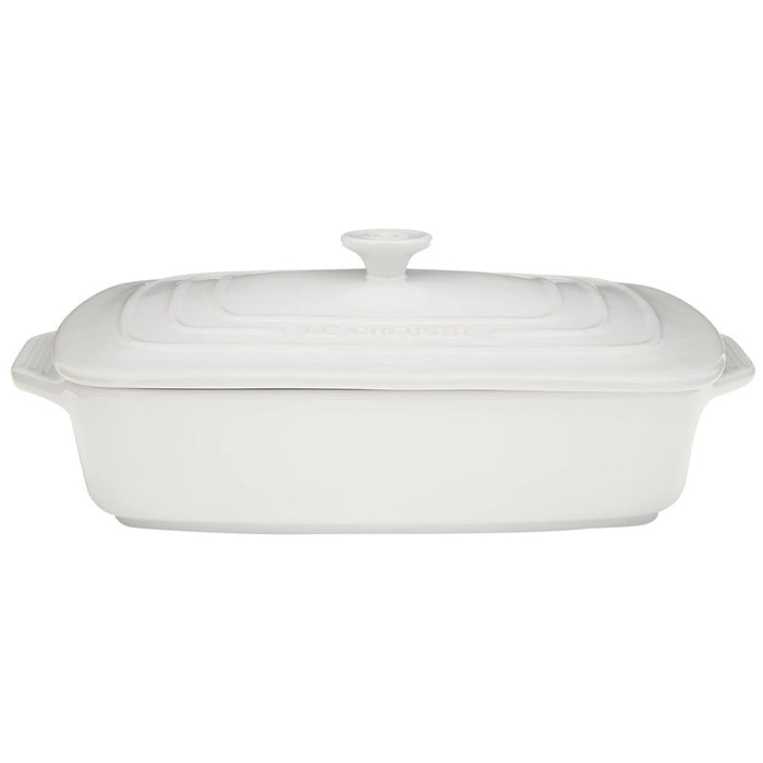 3.5 qt white Le Creuset covered rectangular casserole displayed on a white background