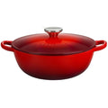 Side view of cerise Le Creuset 3.5 Qt. Soup Pot with lid displayed on a white background