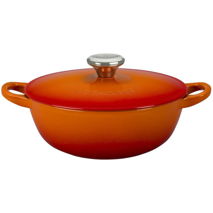 Side view of flame Le Creuset 3.5 Qt. Soup Pot with lid displayed on a white background