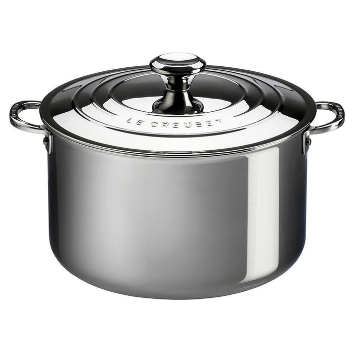 Le Creuset Stainless Steel stockpot from a side view on a white background