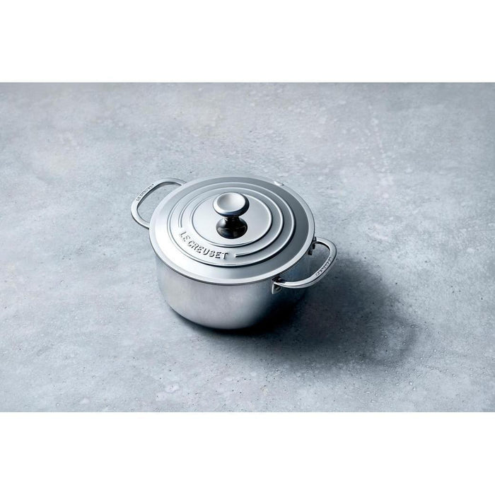 Stainless Steel stockpot centered on a stone counter