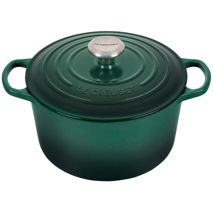 Artichaut 5.25 Qt Deep Le Creuset enameled cast iron Dutch oven with the lid on from the top angled view on a white background
