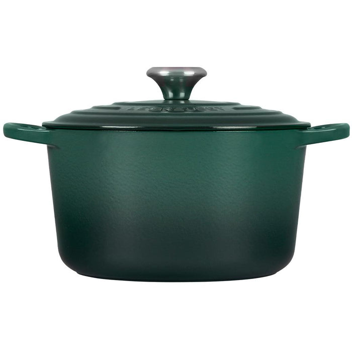 Artichaut 5.25 Qt Deep Le Creuset enameled cast iron Dutch oven from the side view with the lid on a white background