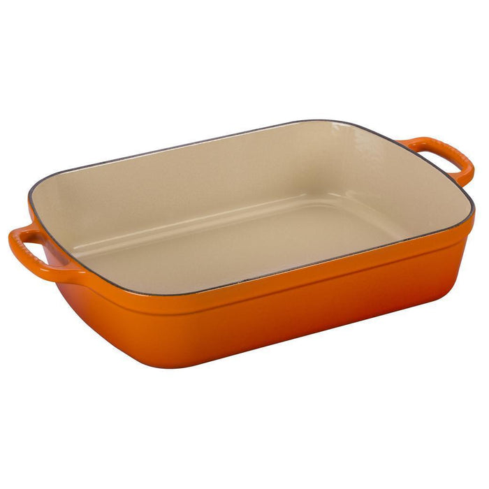 Flame Le Creuset 5.25 Quart Signature Rectangular Roaster displayed on a white background
