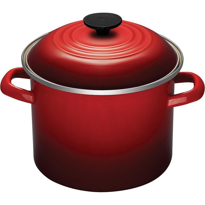 Cerise Le Creuset 6 Qt stockpot from the side view on a white background