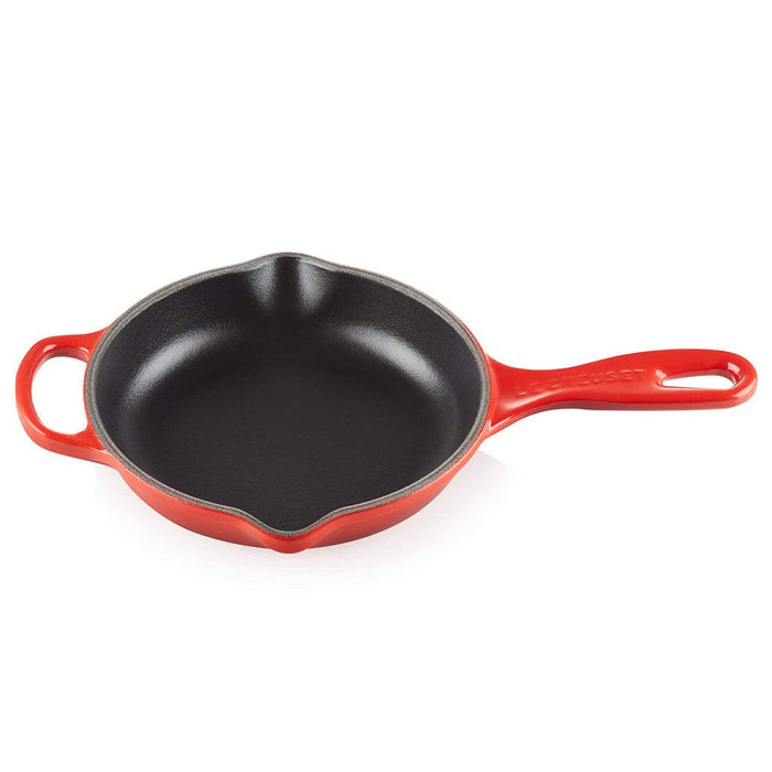 Cerise 6.33" Le Creuset skillet from the top view on a white background