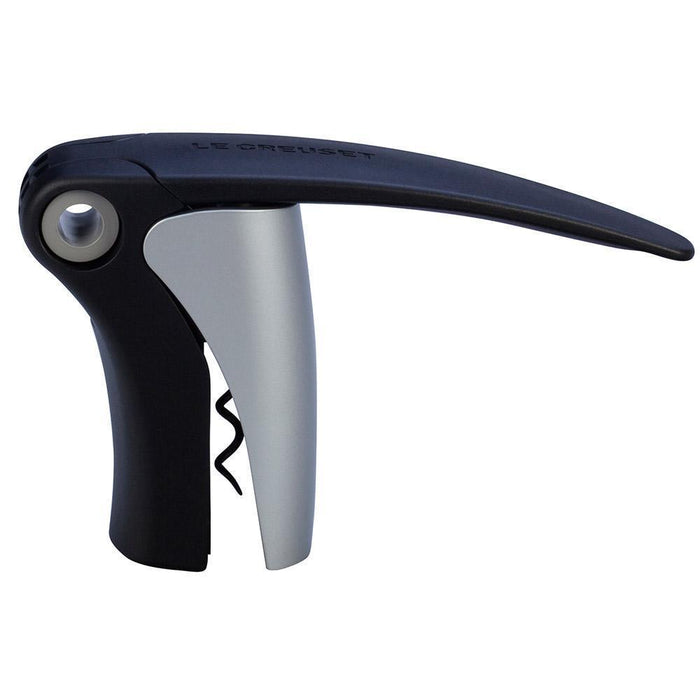 Side view of saitn Le Creuset Compact Lever Corkscrew displayed on a white background