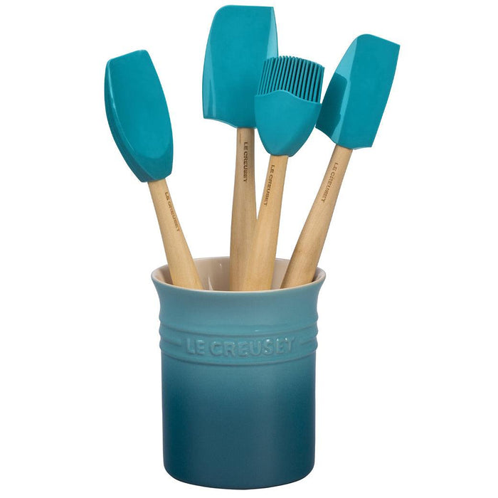 Caribbean Le Creuset Craft Series 5-Piece Utensil Set with Crock displayed on a white background