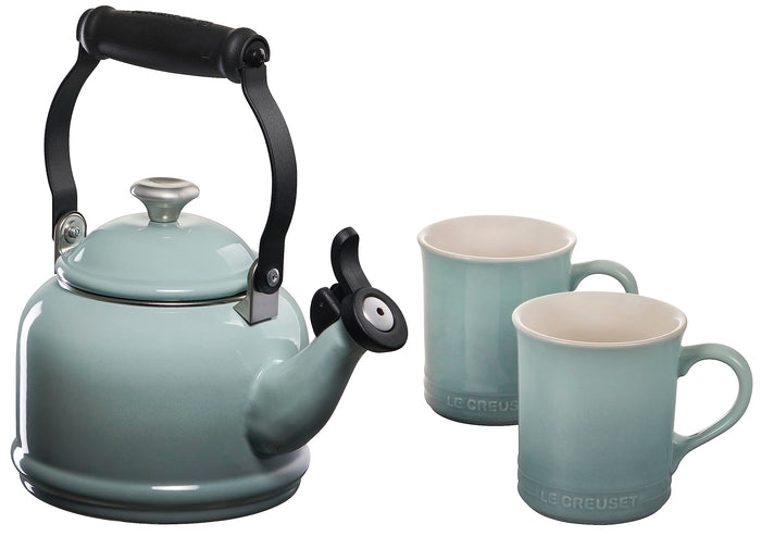 Sea salt tea kettle and two seasalt colored mugs on a white background